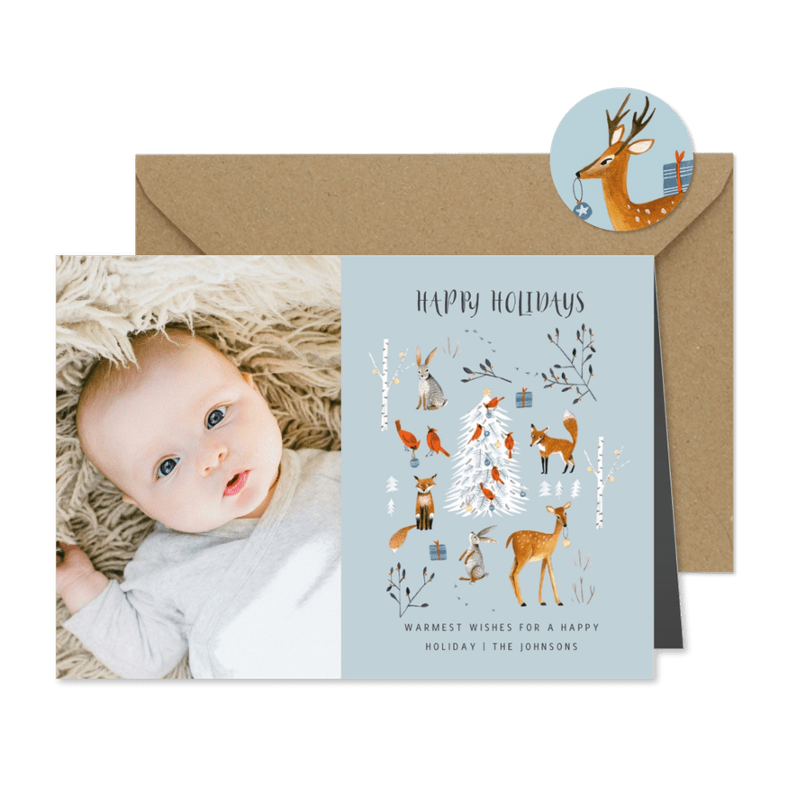 Winter wonderland dieren met kerstboom - Kaartimpressie