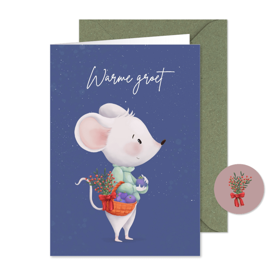 Winterkaart met lieve muis en fruitmand - Kaartimpressie