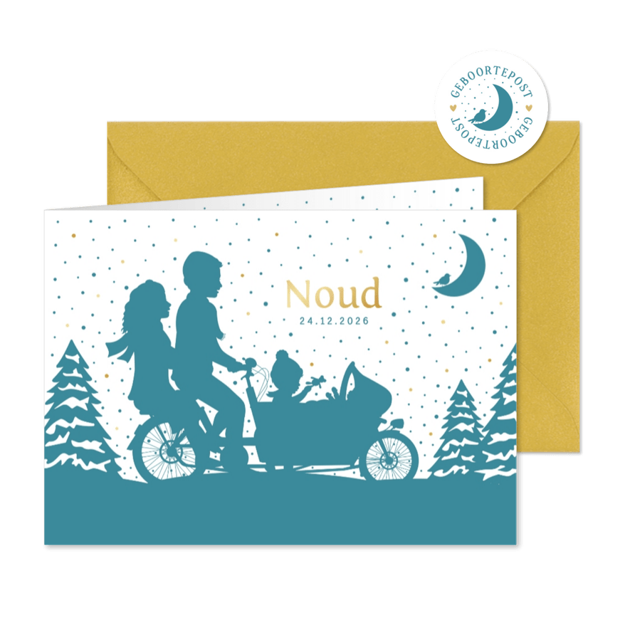 Winters geboortekaartje jongen met 2 broertjes in bakfiets - Kaartimpressie