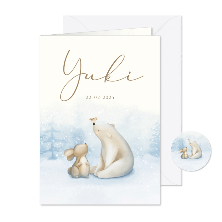 Winters geboortekaartje met een konijn ijsbeer en vogeltje - Kaartimpressie