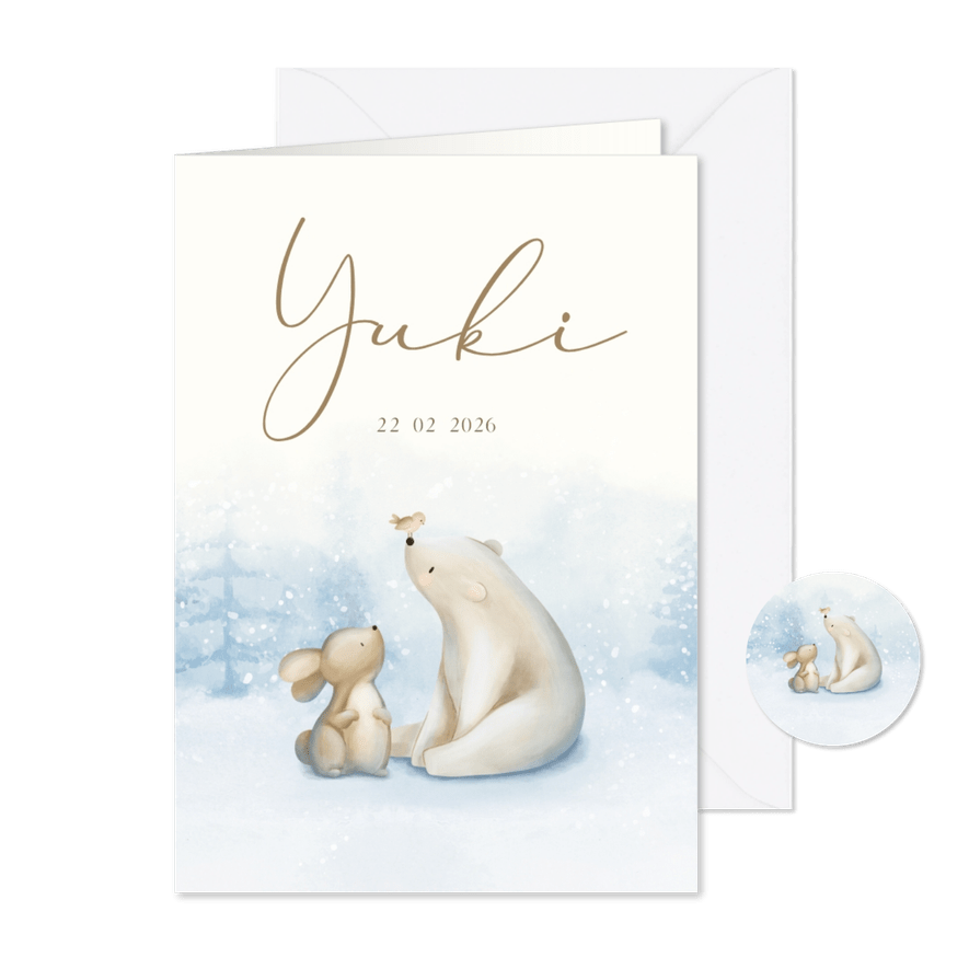 Winters geboortekaartje met een konijn ijsbeer en vogeltje - Kaartimpressie
