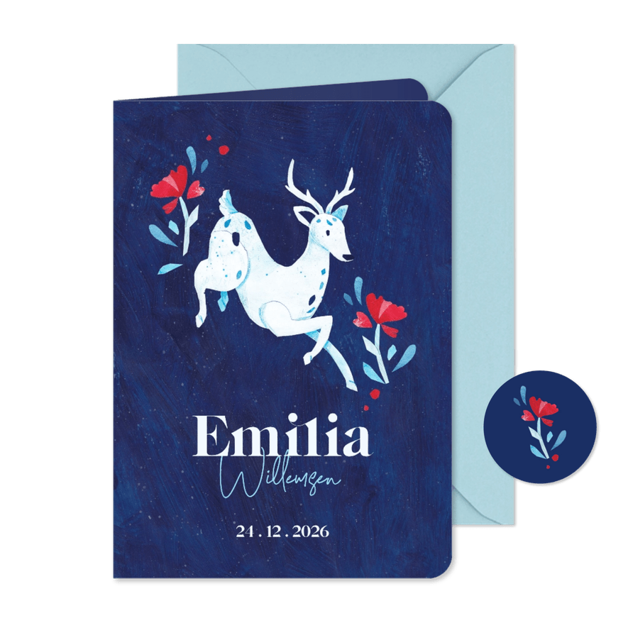 Winters geboortekaartje met hert en bloemen - Kaartimpressie