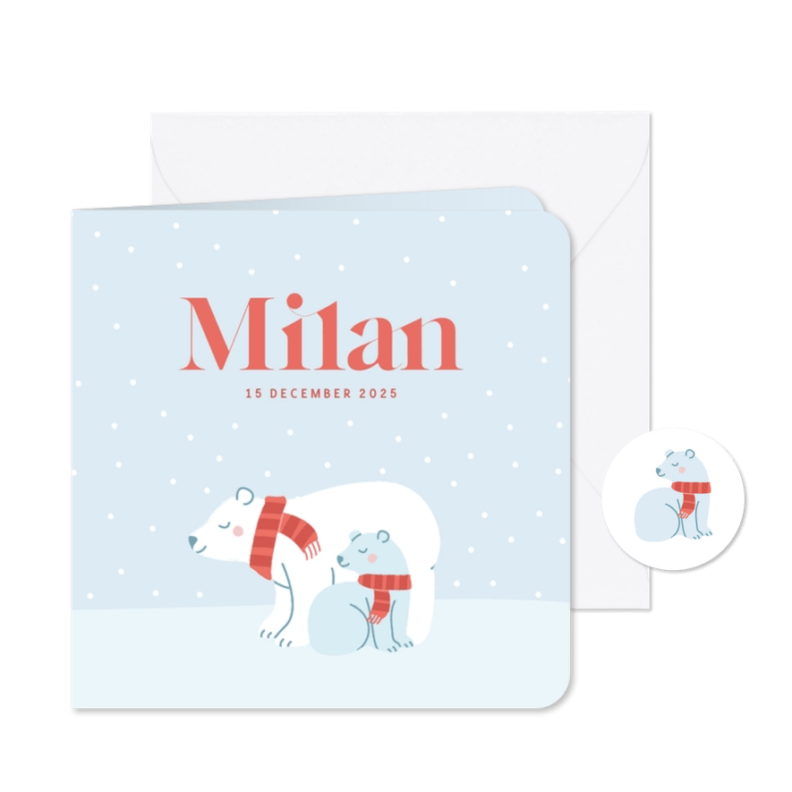 Winters geboortekaartje met ijsbeertjes een broertje - Kaartimpressie
