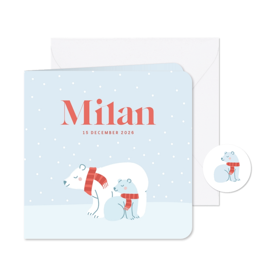 Winters geboortekaartje met ijsbeertjes een broertje - Kaartimpressie