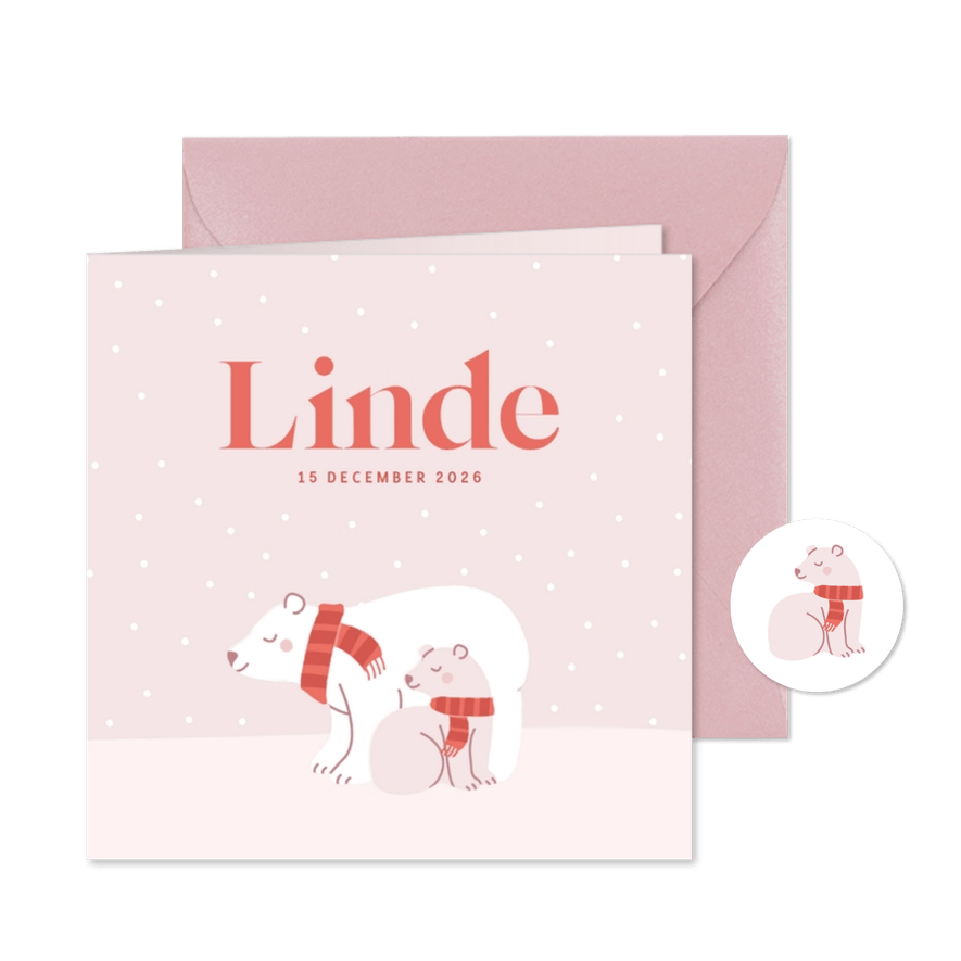 Winters geboortekaartje voor een zusje met ijsbeertjes roze - Kaartimpressie