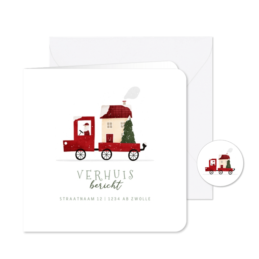 Winters verhuiskaartje rood busje met huis en kerstboom - Kaartimpressie