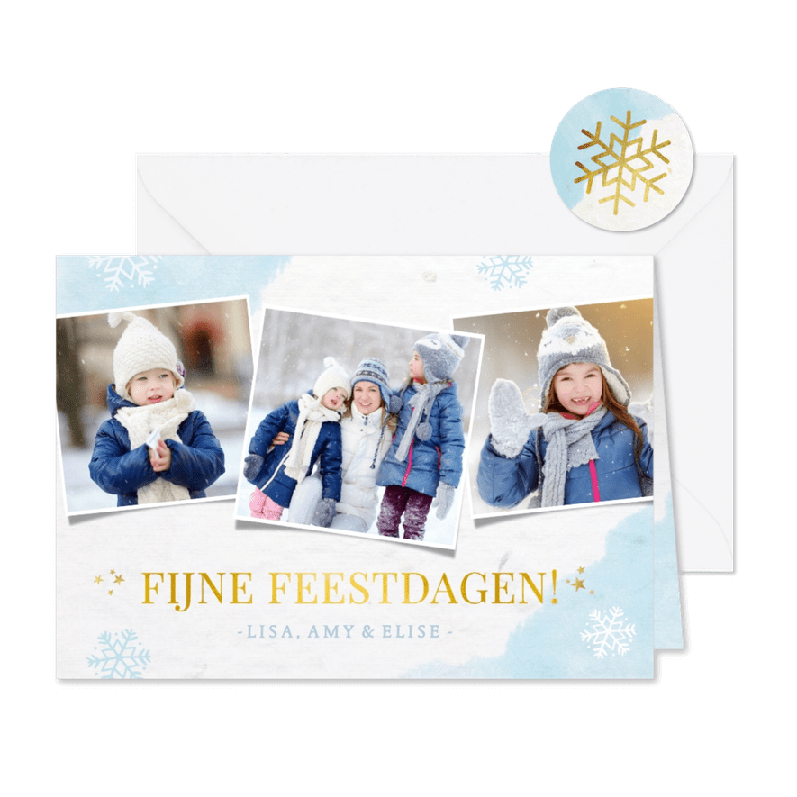 Winterse fotocollage kerstkaart met sneeuwvlokken en foto's - Kaartimpressie