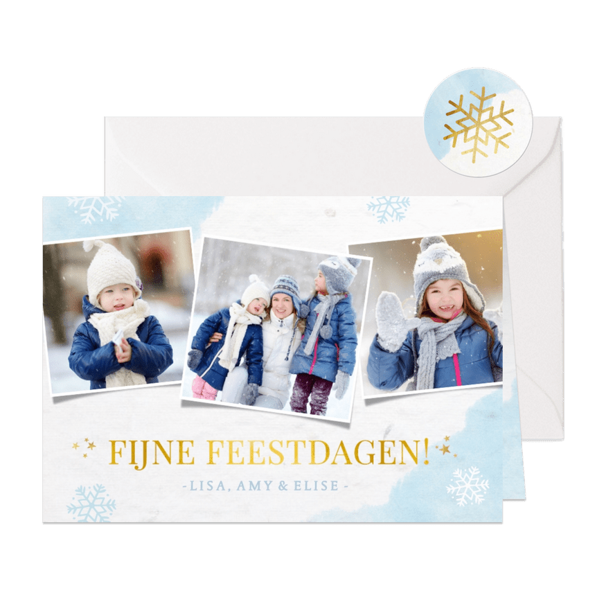 Winterse fotocollage kerstkaart met sneeuwvlokken en foto's - Kaartimpressie