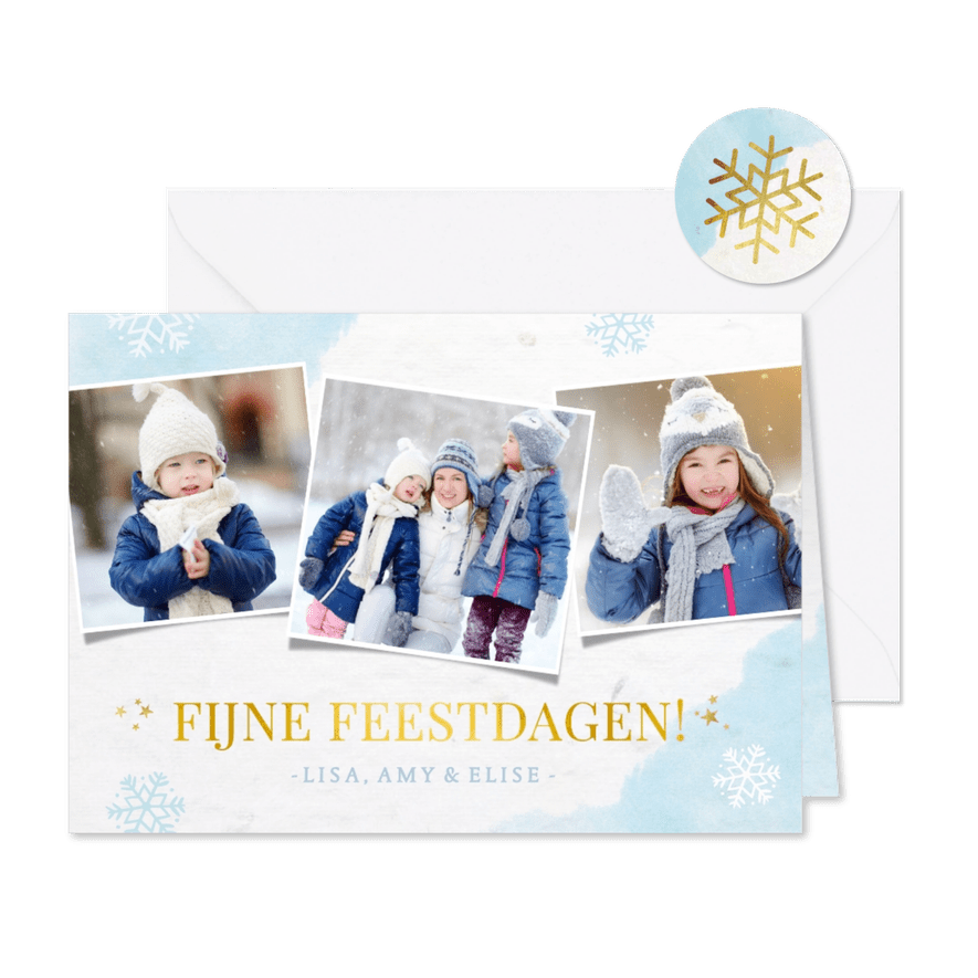 Winterse fotocollage kerstkaart met sneeuwvlokken en foto's - Kaartimpressie