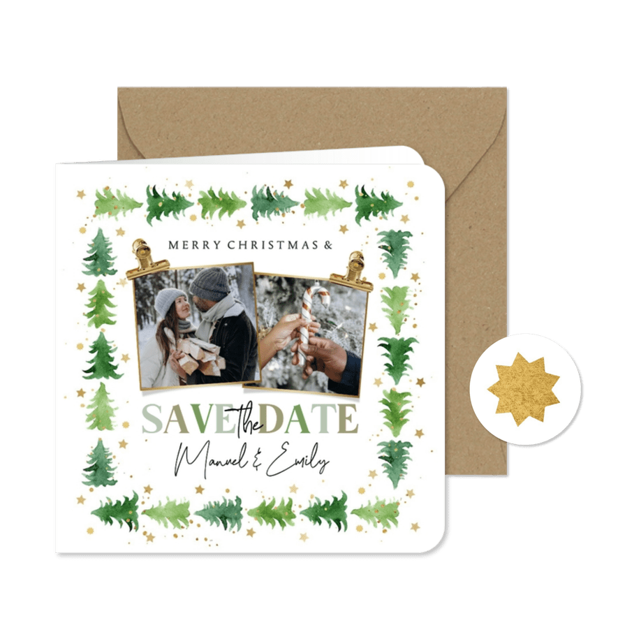 Winterse kerst Save the date watercolor kerstbomen goud foto - Kaartimpressie