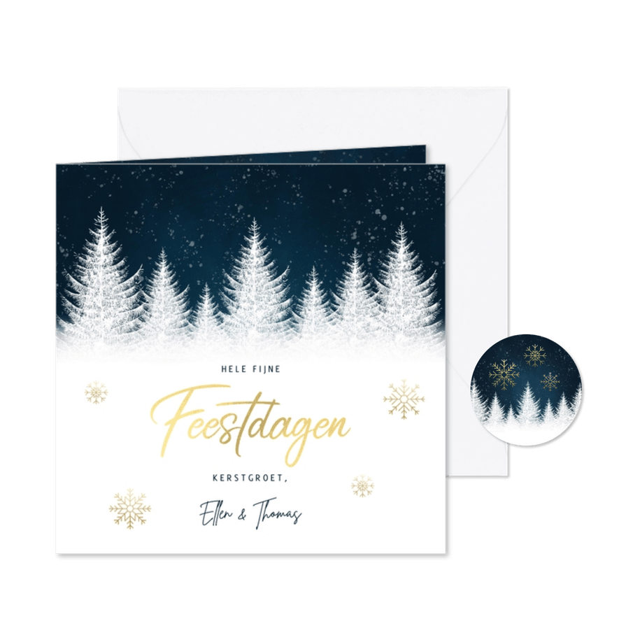 Winterse kerstkaart met bomen sneeuwvlokken fijne feestdagen - Kaartimpressie