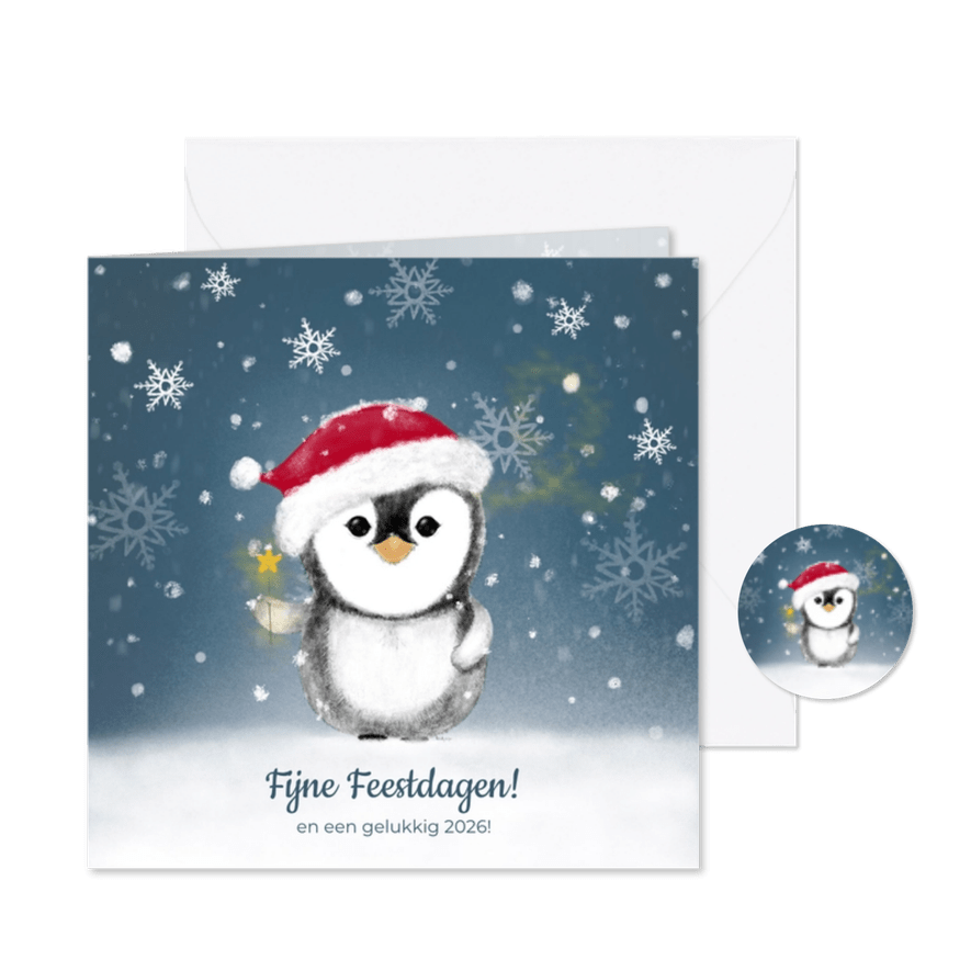 Winterse kerstkaart met een schattige pinguïn in de sneeuw - Kaartimpressie