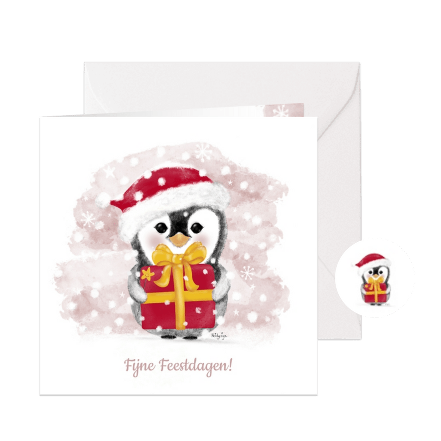 Winterse kerstkaart met een schattige pinguin met een cadeau - Kaartimpressie