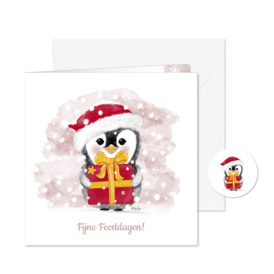 Winterse kerstkaart met een schattige pinguin met een cadeau - Kaartimpressie