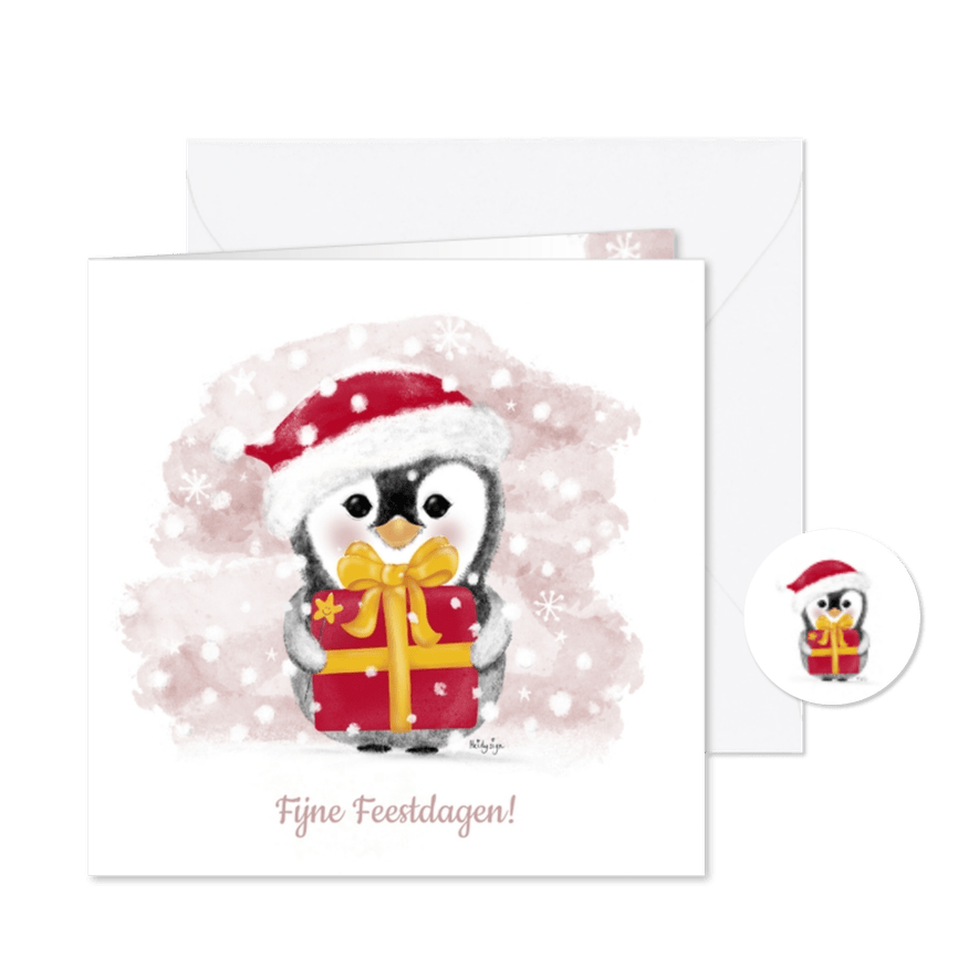 Winterse kerstkaart met een schattige pinguin met een cadeau - Kaartimpressie