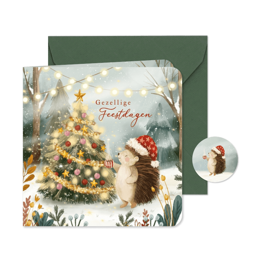 Winterse kerstkaart met egel en kerstboom - Kaartimpressie