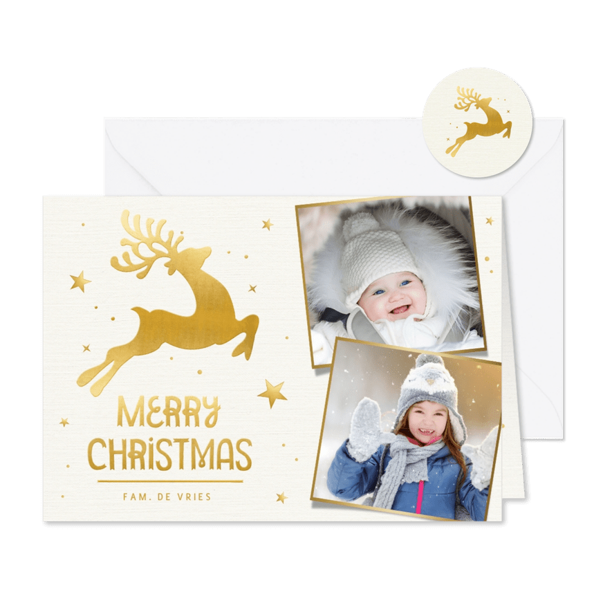 Winterse kerstkaart met gouden rendier en eigen foto's - Kaartimpressie