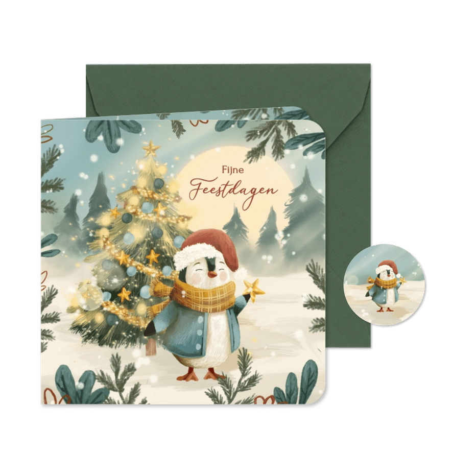 Winterse kerstkaart met pinguïn en kerstboom - Kaartimpressie