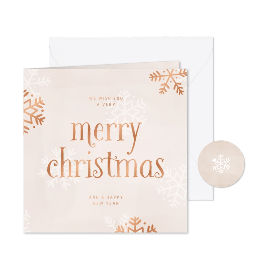 Winterse kerstkaart met sneeuwvlokjes en koperfolie beige - Kaartimpressie