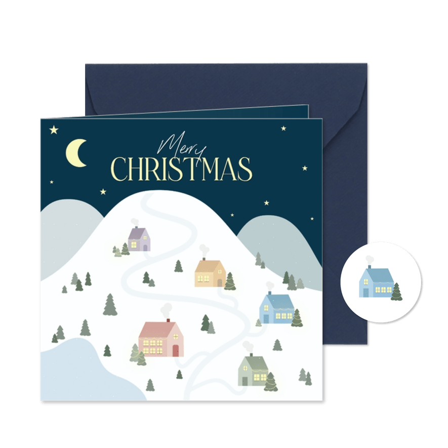 Winterse kerstkaartjes met kerstdorpje in de sneeuw - Kaartimpressie