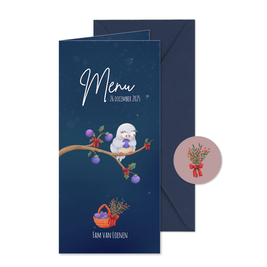 Winterse menukaart met uil en muis - Kaartimpressie