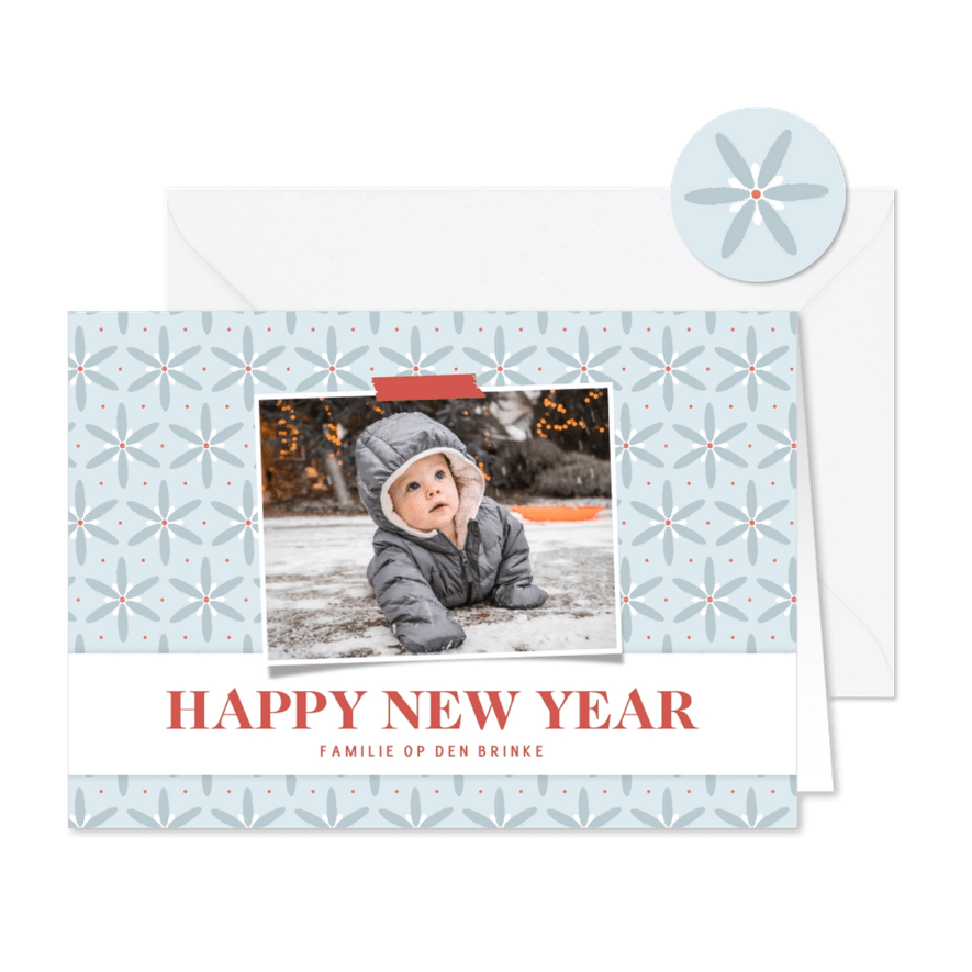 Winterse nieuwjaarskaart met blauwe ijsbloemen patroon - Kaartimpressie