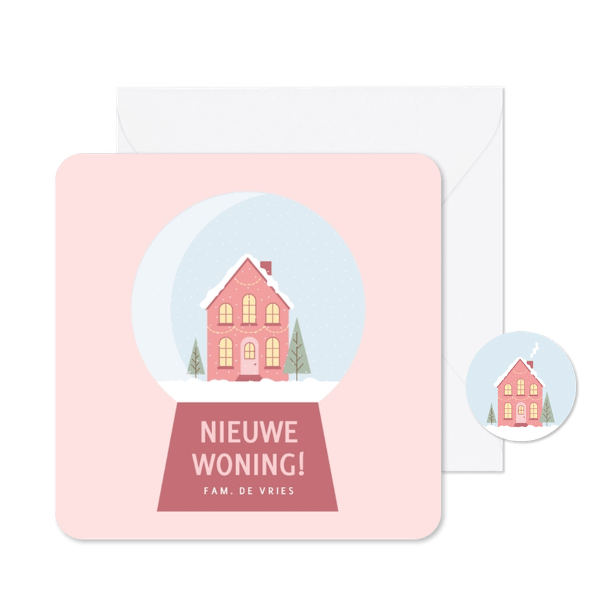 Winterse roze verhuiskaart met huisje in sneeuwbol - Kaartimpressie