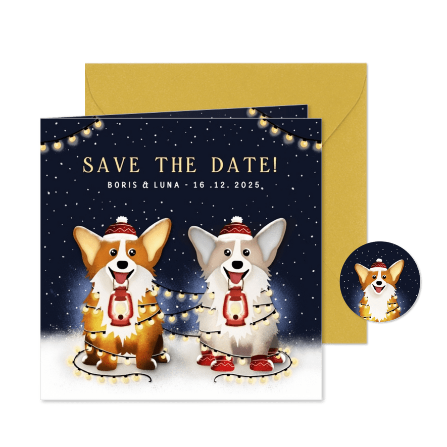 Winterse Save the Date kaart met 2 corgi honden en lampjes - Kaartimpressie