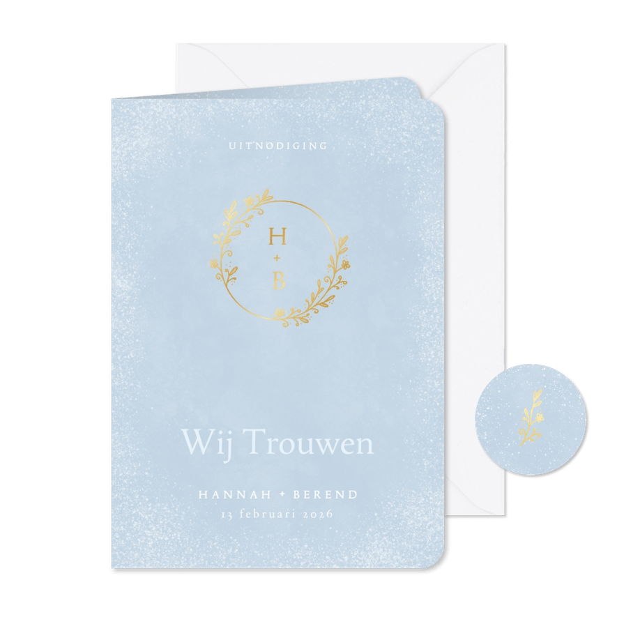 Winterse trouwkaart in lichtblauw met ornament en initialen - Kaartimpressie
