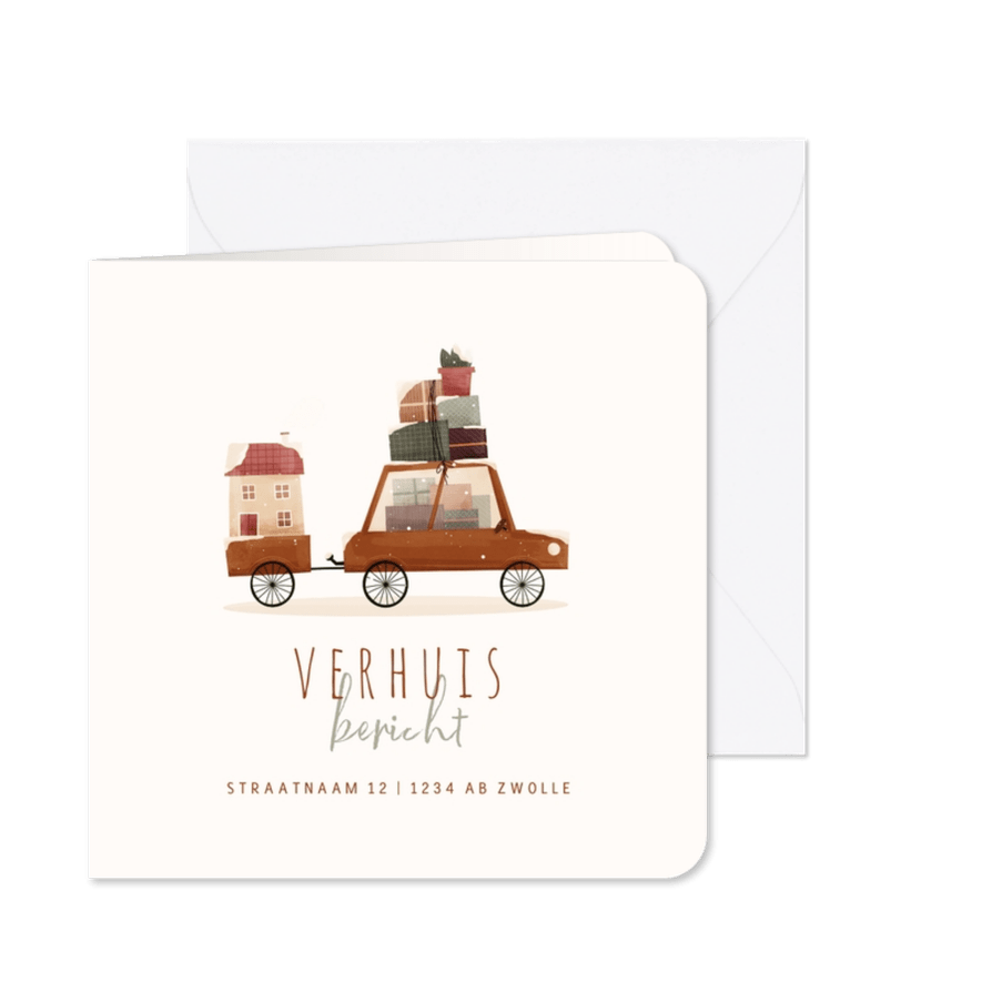 Winterse verhuiskaart autootje met dozen en huisje - Kaartimpressie