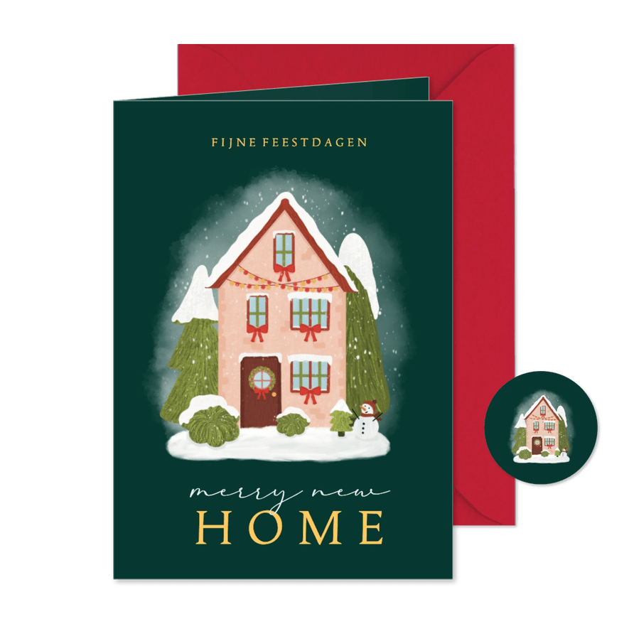 Winterse verhuiskaart met huis kerstbomen en sneeuw - Kaartimpressie