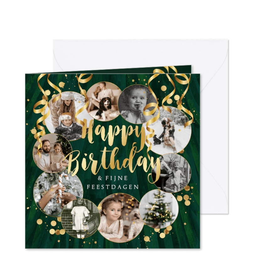 Winterse verjaardagskaart fotocollage confetti goudlook - Kaartimpressie