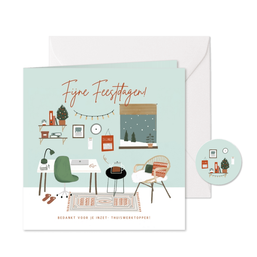 Winterse zakelijke kerstkaart met thuiswerk illustratie - Kaartimpressie