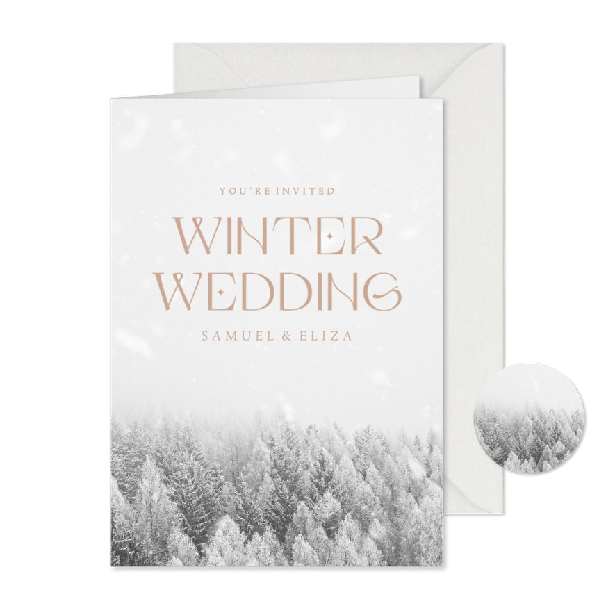 Winterwedding trouwkaart met besneeuwd bos - Kaartimpressie