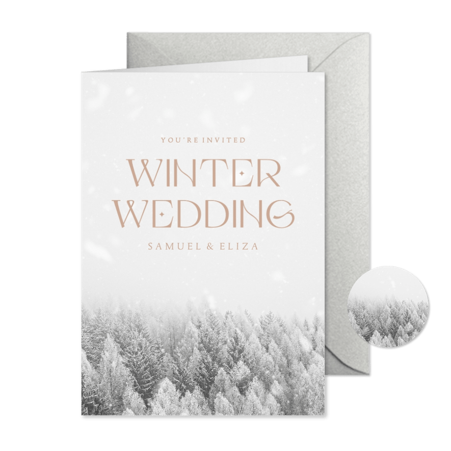 Winterwedding trouwkaart met besneeuwd bos - Kaartimpressie