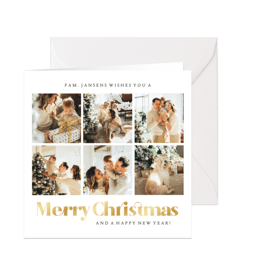 Witte fotocollage kerstkaart met goudfolie typografie - Kaartimpressie