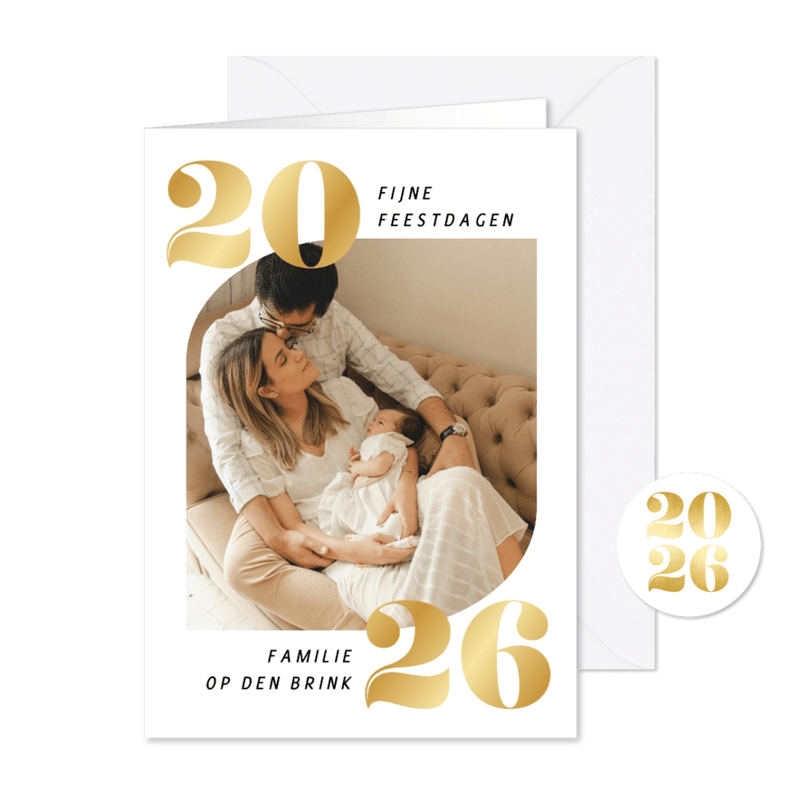 Witte fotokaart fijne feestdagen met goudlook 2026 - Kaartimpressie