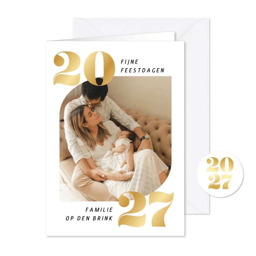 Witte fotokaart fijne feestdagen met goudlook 2027 - Kaartimpressie