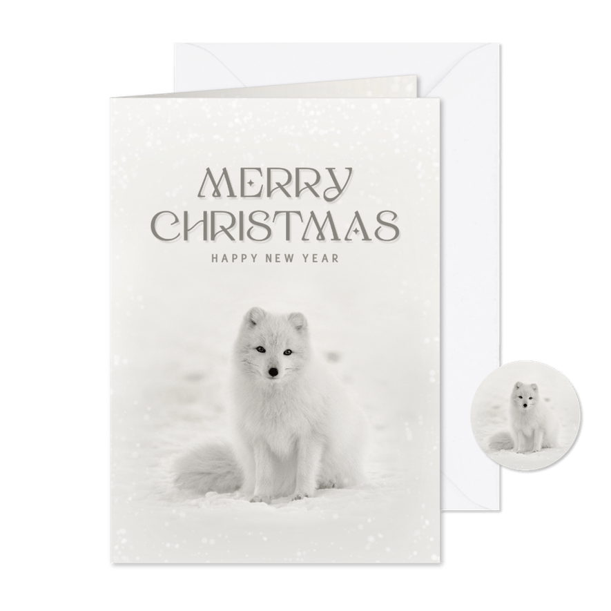 Witte kerstkaart met een natuurfoto van een poolvosje - Kaartimpressie
