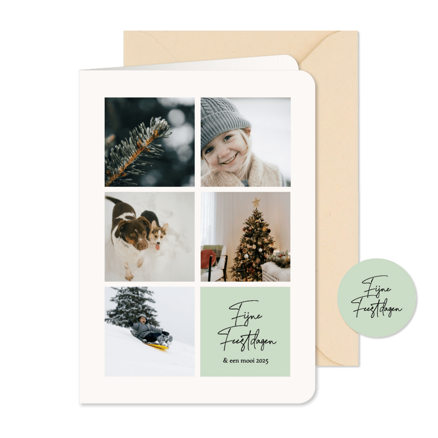 Witte kerstkaart met foto grid en groen vlak - Kaartimpressie