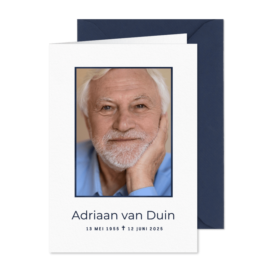 Witte moderne rouwkaart grote foto donkerblauw - Kaartimpressie