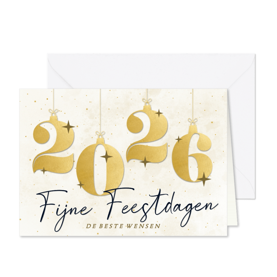 Witte nieuwjaarskaart met kerstballen cijfers in goudlook - Kaartimpressie