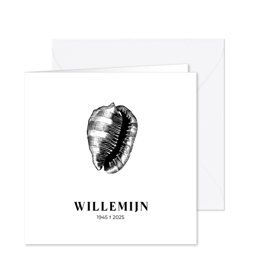 Witte rouwkaart met zwart-wit illustratie van een schelp - Kaartimpressie