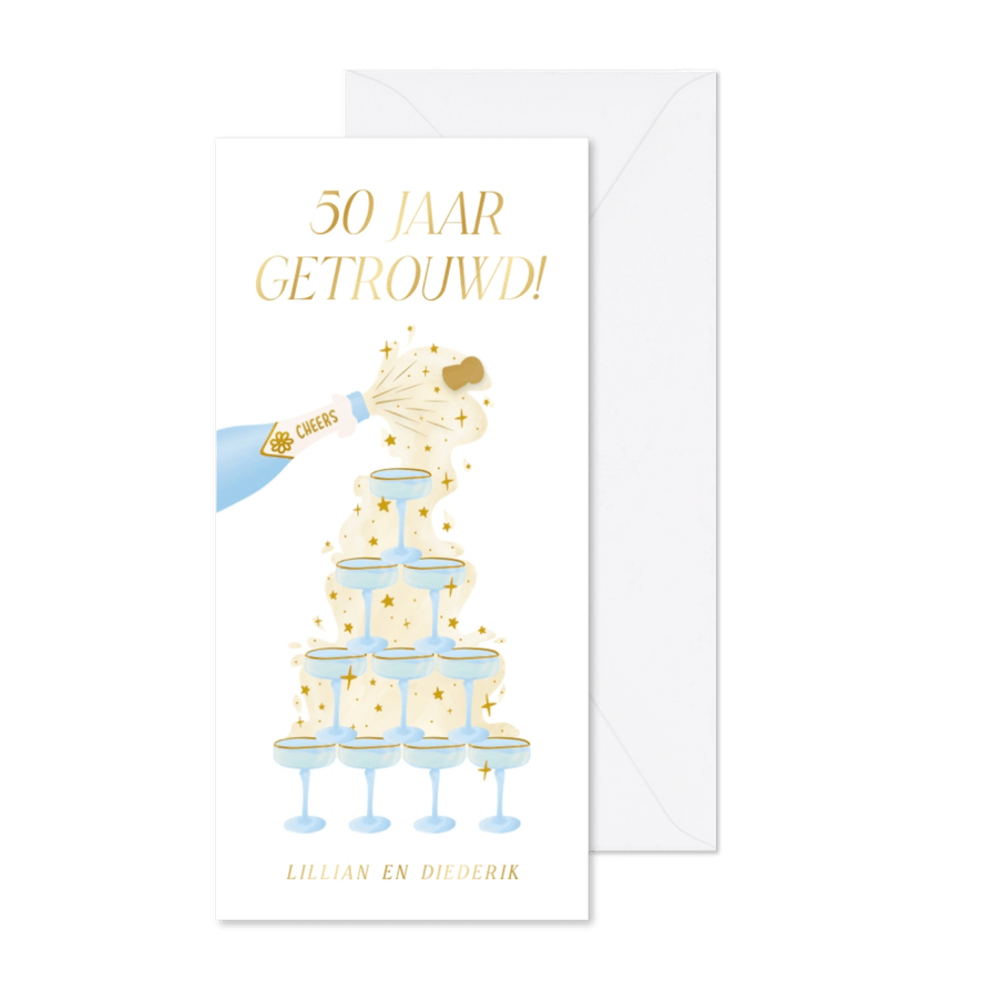 Witte uitnodiging jubileum met champagnetoren en sterren - Kaartimpressie