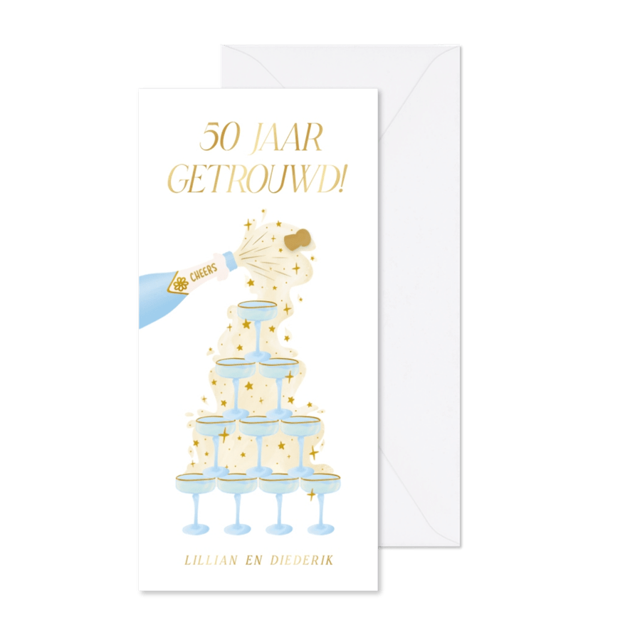 Witte uitnodiging jubileum met champagnetoren en sterren - Kaartimpressie