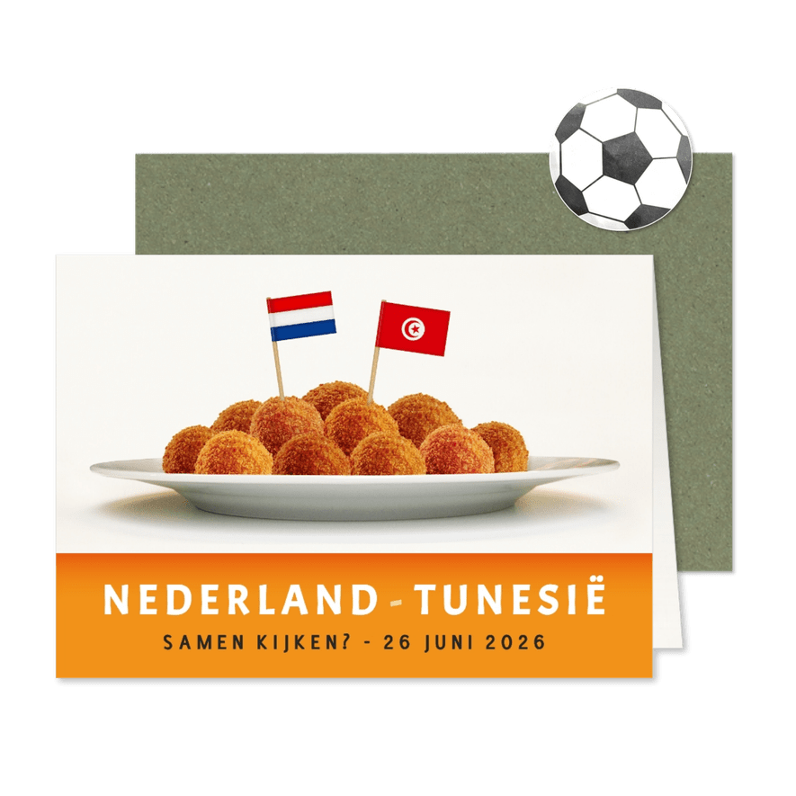 Wk uitnodiging kaart met bitterballen - Nederland Tunesië - Kaartimpressie
