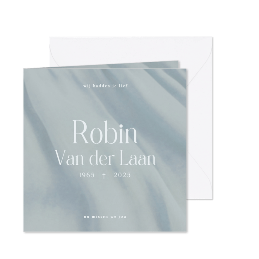 Zachte blauwe rouwkaart met stoffen plooien - Kaartimpressie