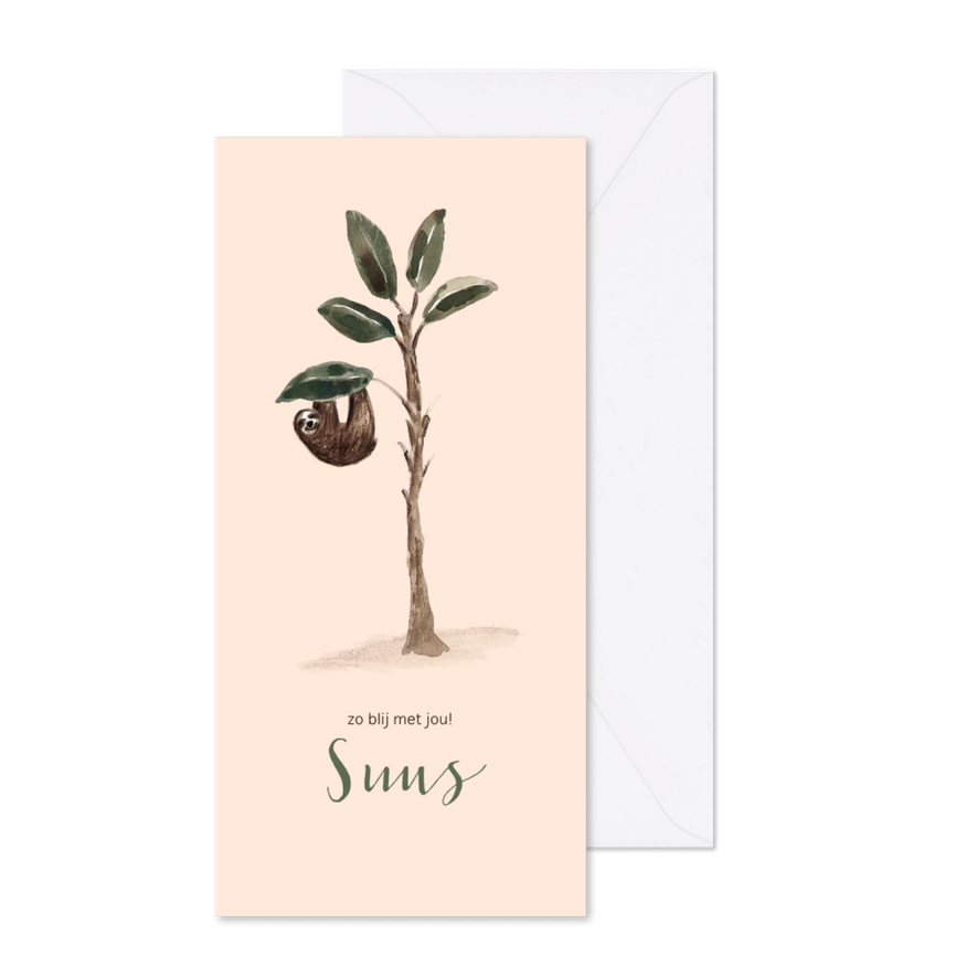 Zachtroze geboortekaartje luiaard in een boom - Kaartimpressie