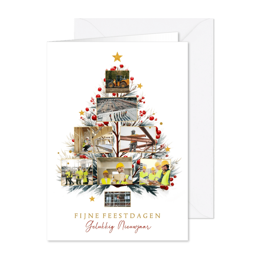 Zakelijk collage kerstkaart kerstboom met takjes en sterren - Kaartimpressie