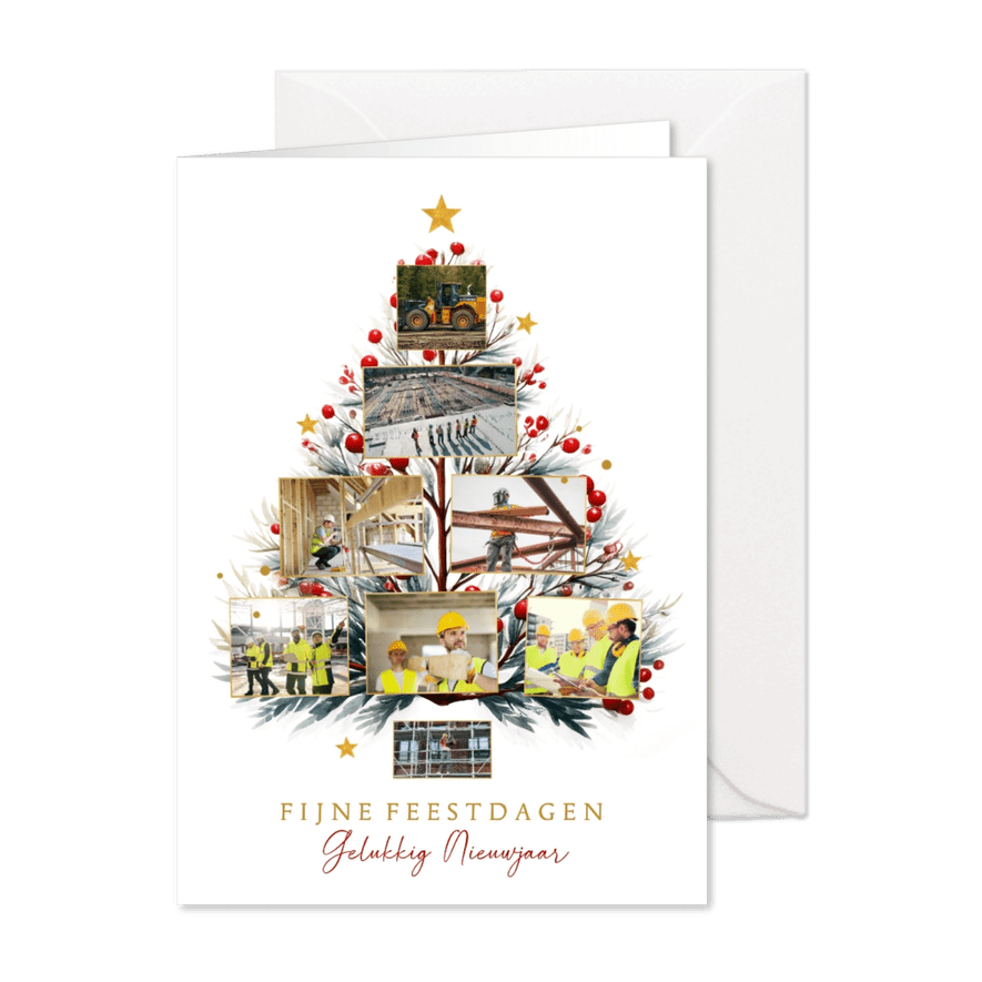 Zakelijk collage kerstkaart kerstboom met takjes en sterren - Kaartimpressie